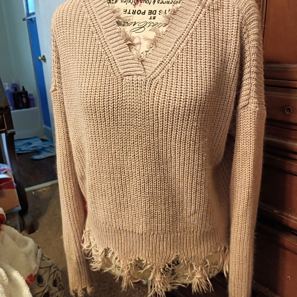 Women's Beige Sweater with Fringe Detail